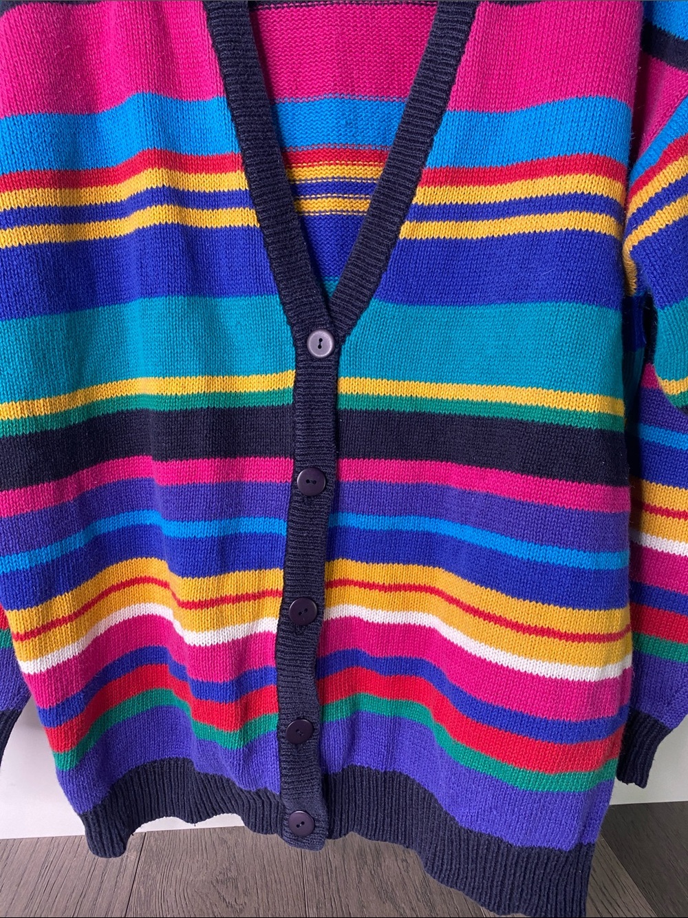 Casual Corner Navy-Trim Multicolor Striped Button Cardigan Women’s Medium - 1455 - Picture 4 of 6